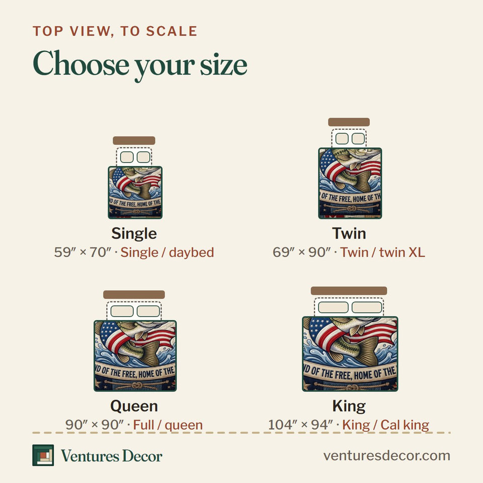 Size guide for the Patriotic Fishing Flag Patch Border quilt, top view to scale: Single 59 x 70 in, Twin 69 x 90 in, Queen 90 x 90 in, King 104 x 94 in