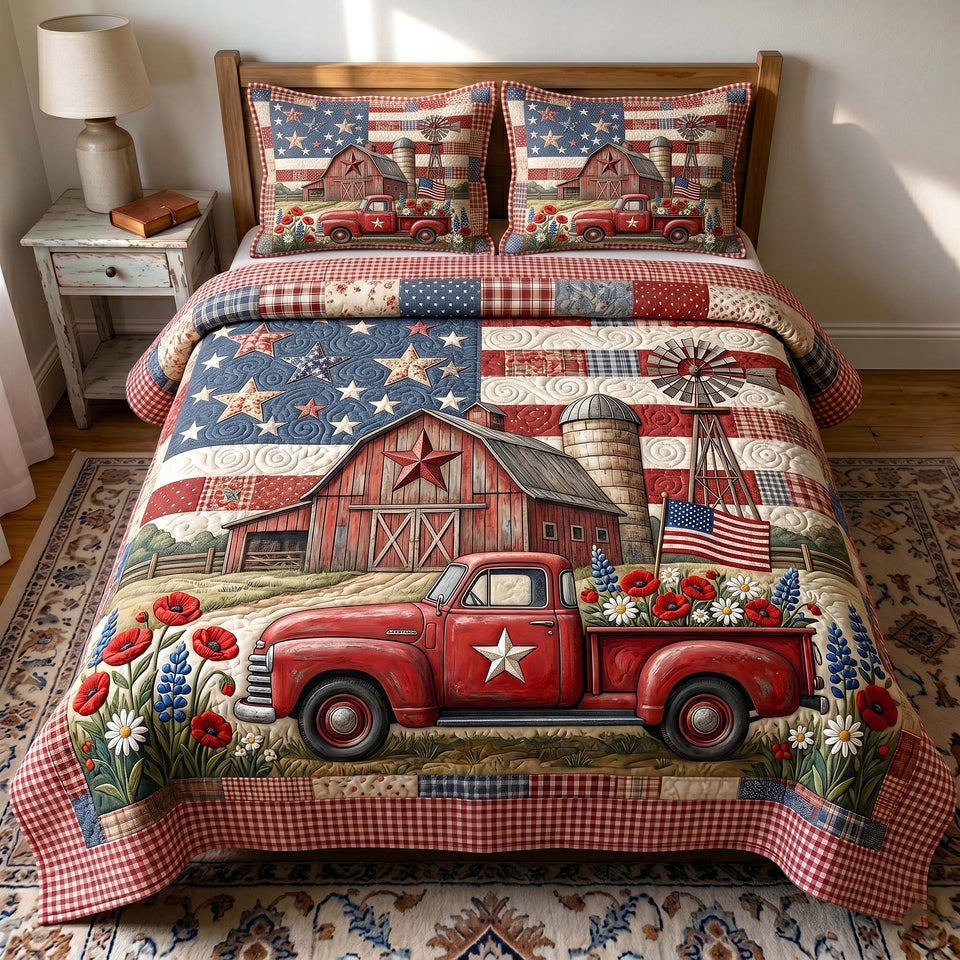 Patriotic Homestead quilted bedding set, quilt and two pillow shams on a made bed