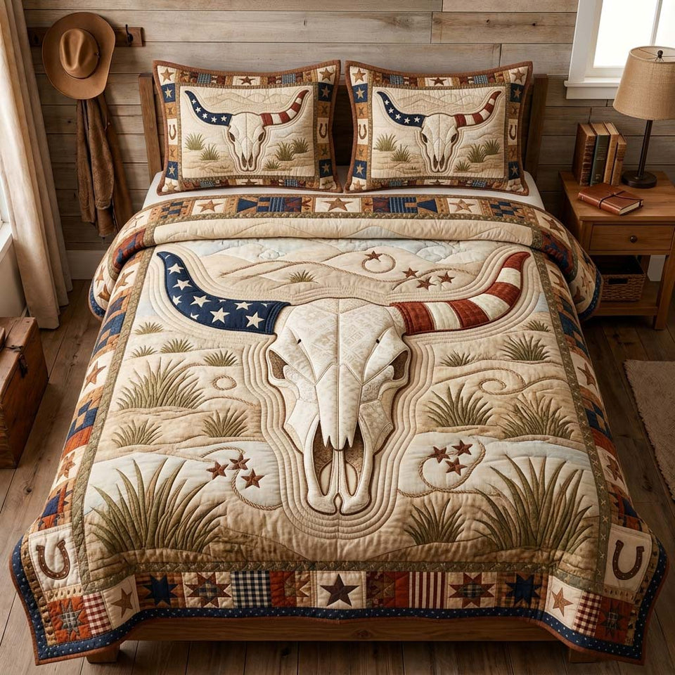 Patriotic Longhorn quilted bedding set, quilt and two pillow shams on a made bed
