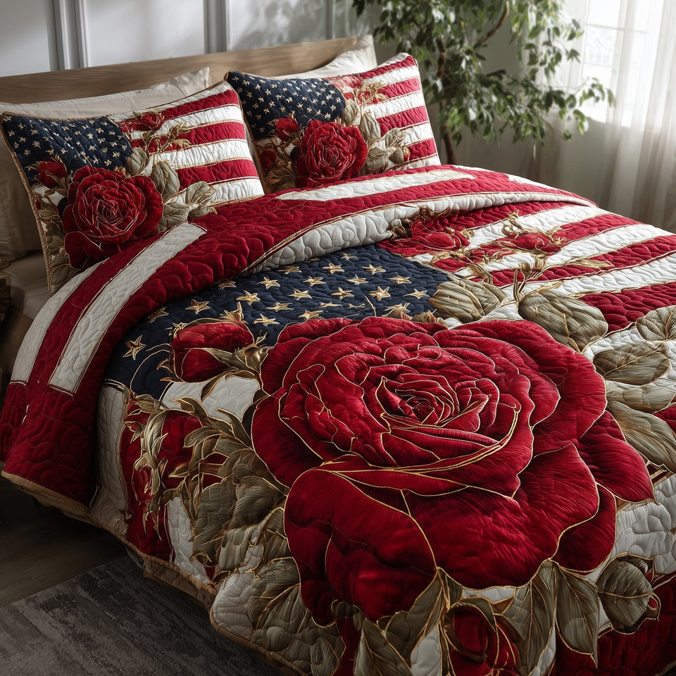 Patriotic Rose Bloom on Stripes quilted bedding set, quilt and two pillow shams on a made bed