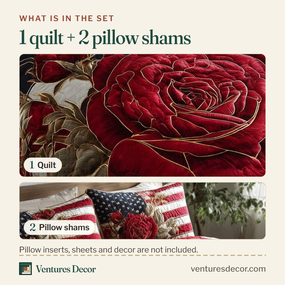 What is in the set: one quilt and two pillow shams, shown in the Patriotic Rose Bloom on Stripes design