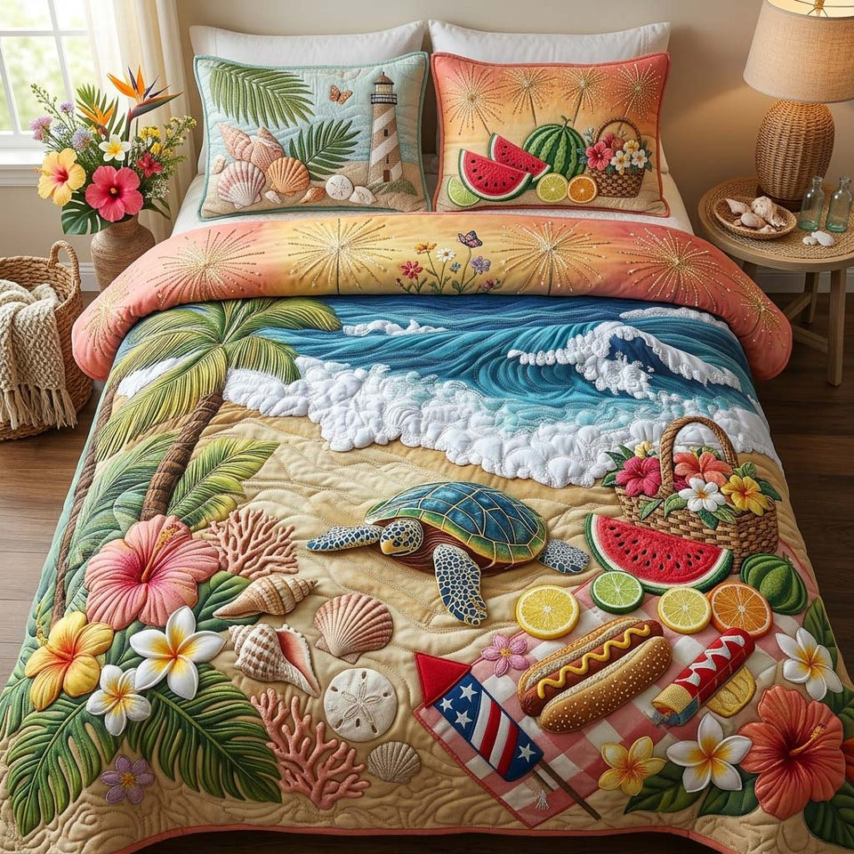 Patriotic Shore quilted bedding set, quilt and two pillow shams on a made bed