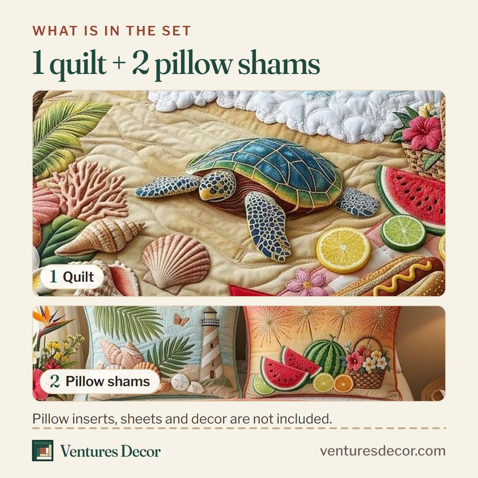 What is in the set: one quilt and two pillow shams, shown in the Patriotic Shore design