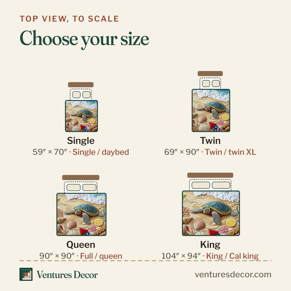 Size guide for the Patriotic Shore quilt, top view to scale: Single 59 x 70 in, Twin 69 x 90 in, Queen 90 x 90 in, King 104 x 94 in