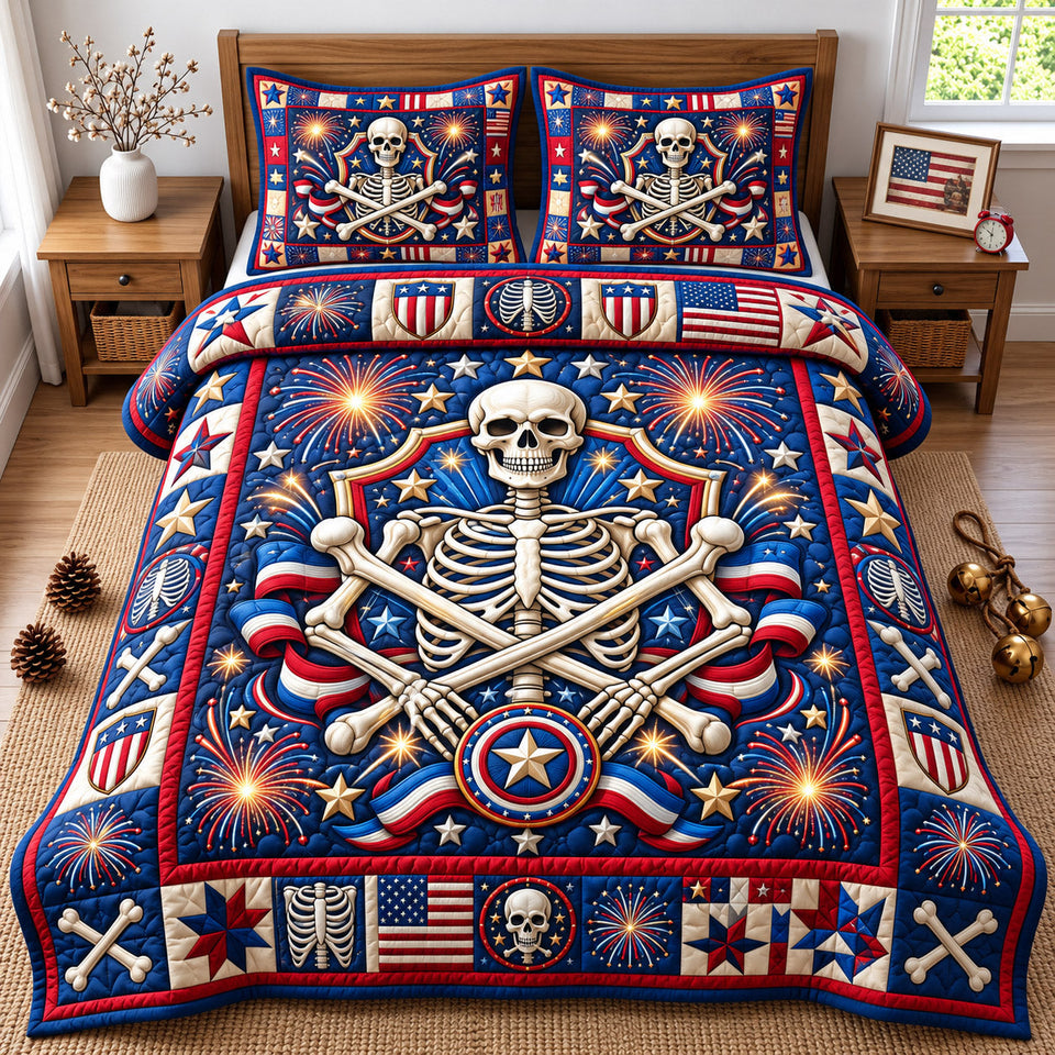 Patriotic Skull Freedom Spirit quilted bedding set, quilt and two pillow shams on a made bed
