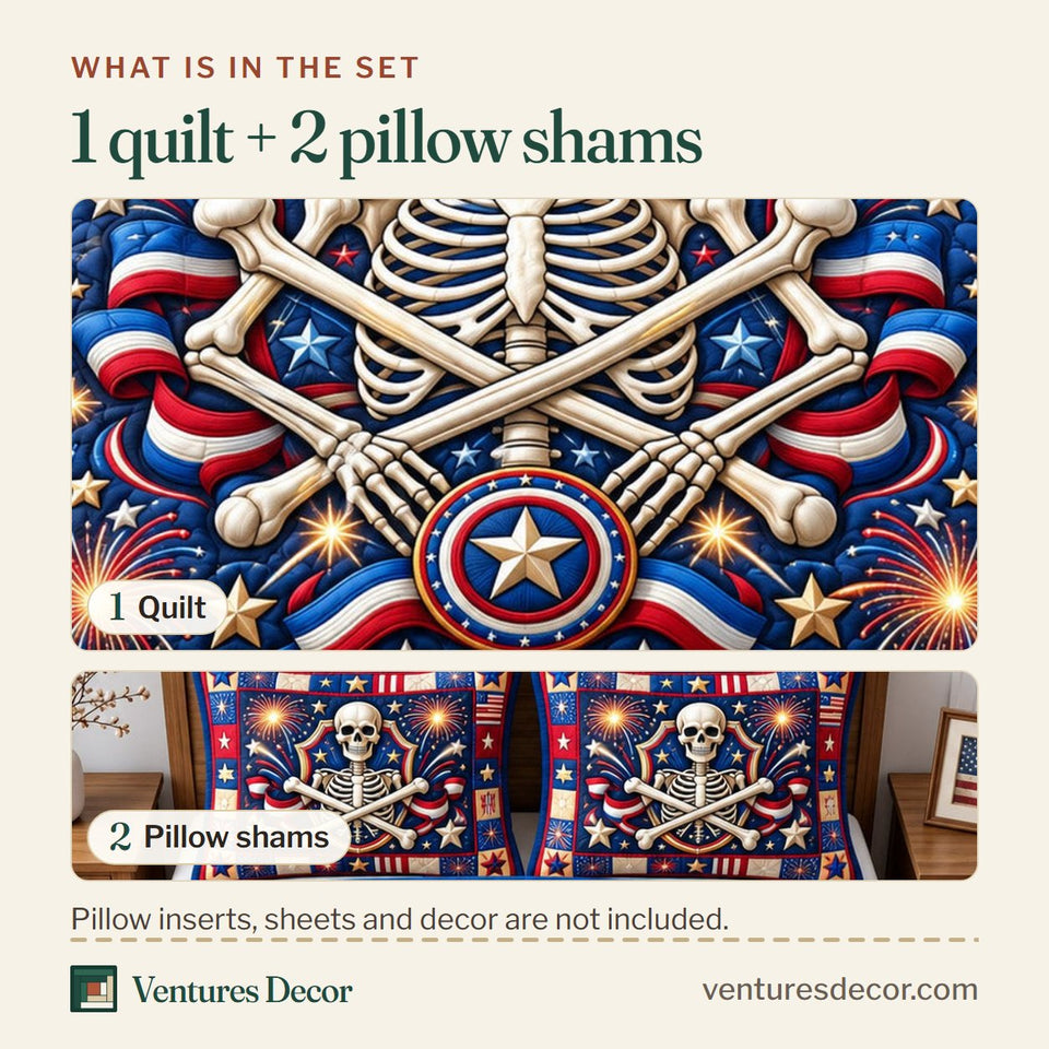 What is in the set: one quilt and two pillow shams, shown in the Patriotic Skull Freedom Spirit design