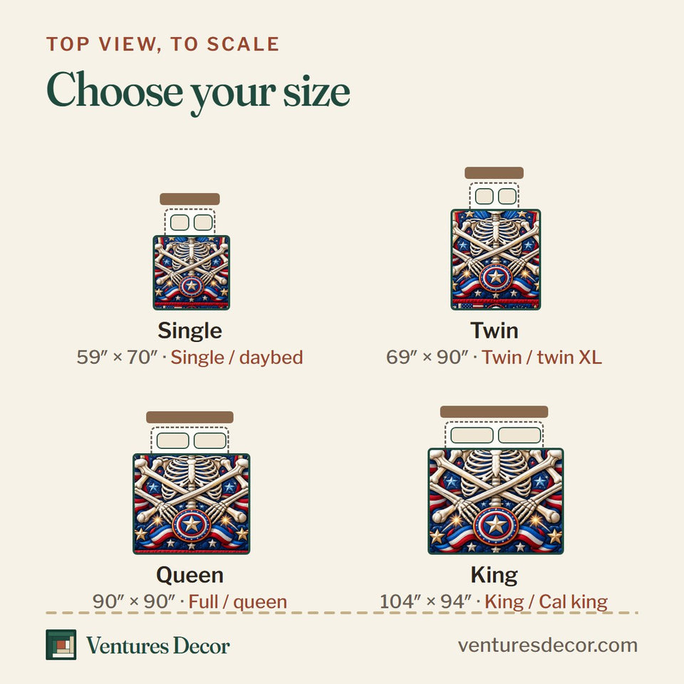Size guide for the Patriotic Skull Freedom Spirit quilt, top view to scale: Single 59 x 70 in, Twin 69 x 90 in, Queen 90 x 90 in, King 104 x 94 in