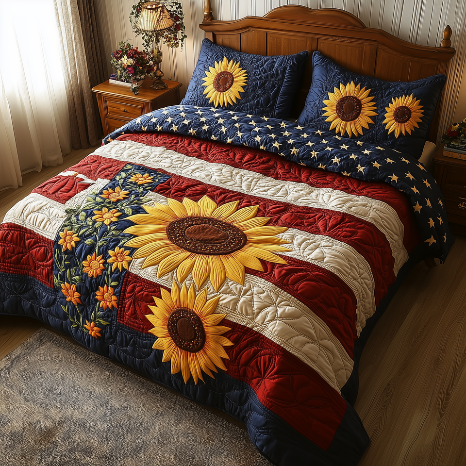 Patriotic Sunflower Patchwork Cluster quilted bedding set, quilt and two pillow shams on a made bed