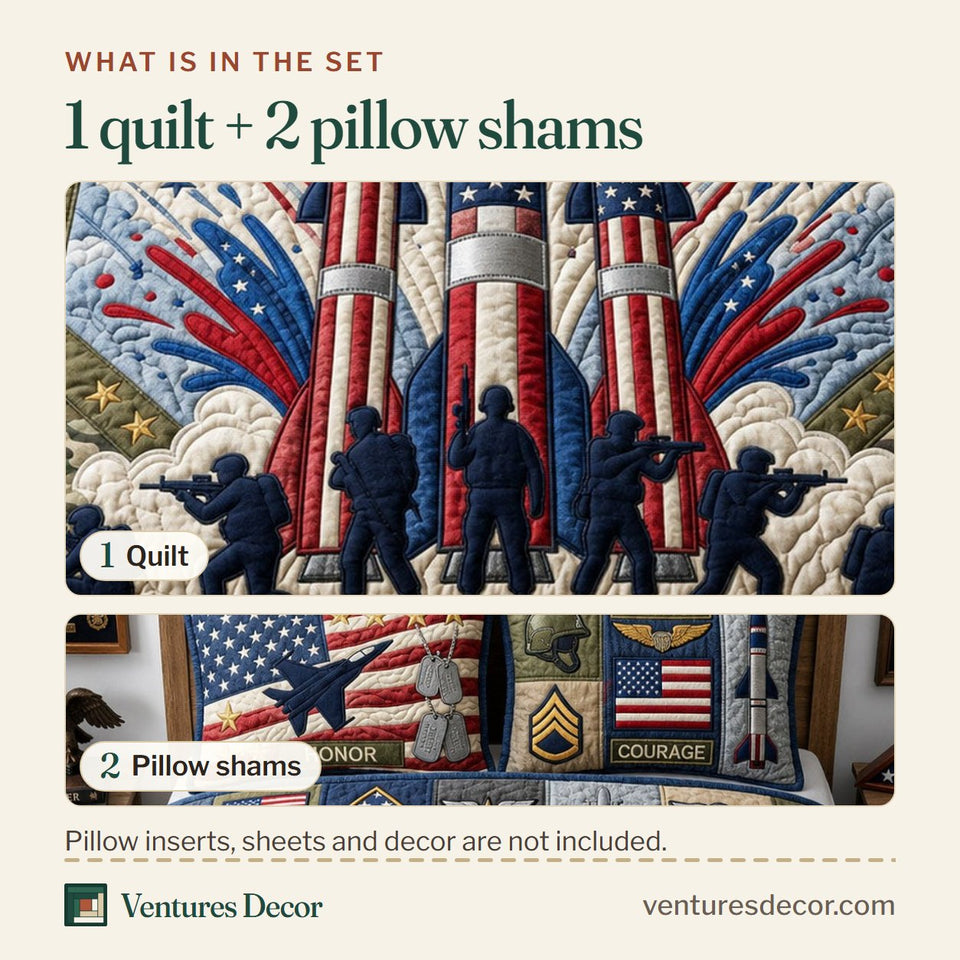 What is in the set: one quilt and two pillow shams, shown in the Patriotic USA Bullets design