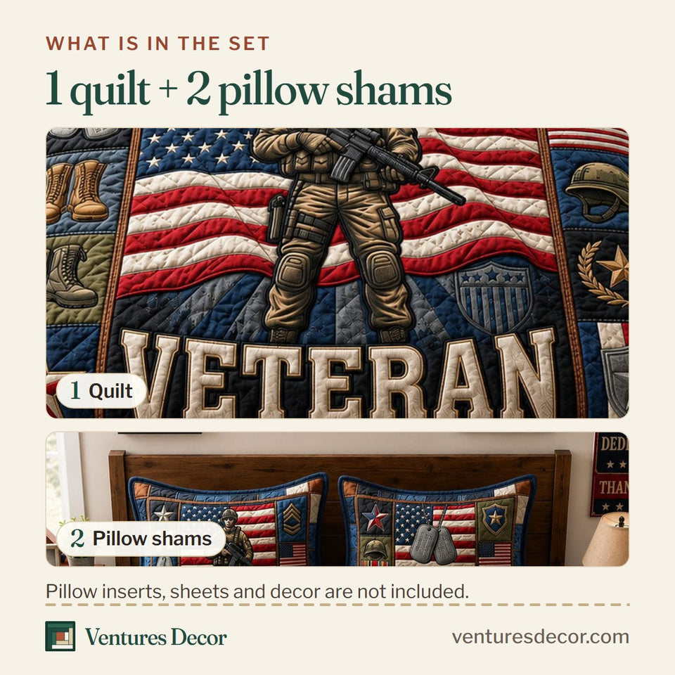 What is in the set: one quilt and two pillow shams, shown in the Patriotic Veteran United States Salute design