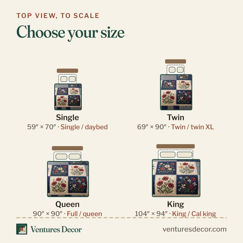 Size guide for the Patriotic Wildflower quilt, top view to scale: Single 59 x 70 in, Twin 69 x 90 in, Queen 90 x 90 in, King 104 x 94 in