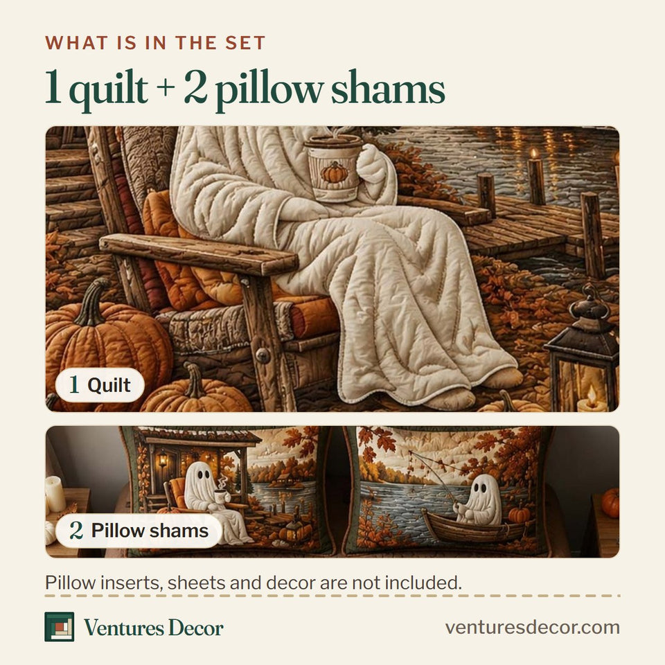 What is in the set: one quilt and two pillow shams, shown in the Pattern Pumpkin Harvest design