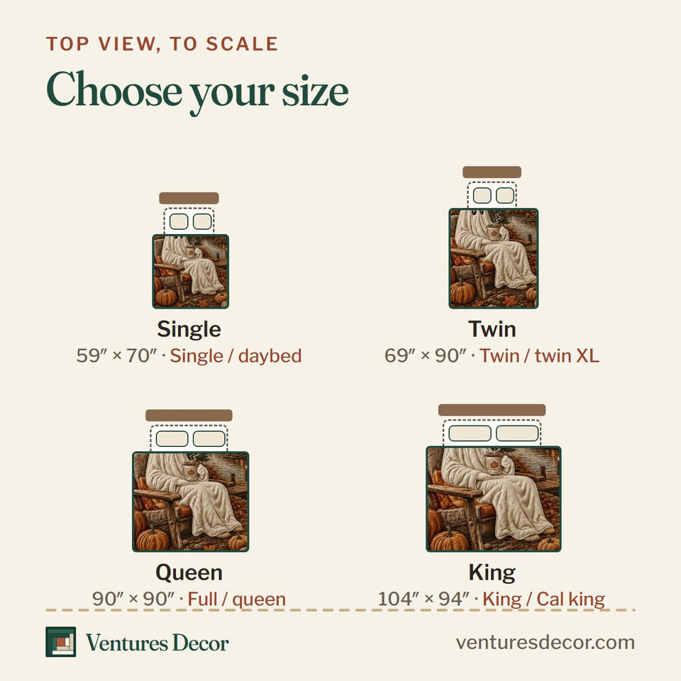 Size guide for the Pattern Pumpkin Harvest quilt, top view to scale: Single 59 x 70 in, Twin 69 x 90 in, Queen 90 x 90 in, King 104 x 94 in