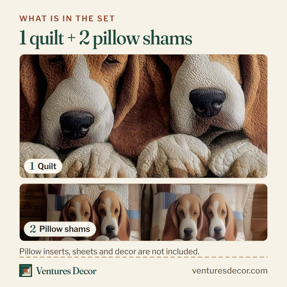 What is in the set: one quilt and two pillow shams, shown in the Paw Love Basset Hound Patch design