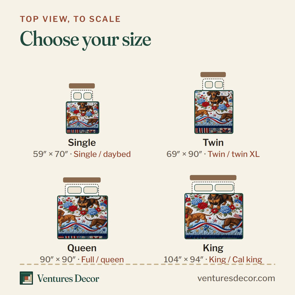 Size guide for the Paws United quilt, top view to scale: Single 59 x 70 in, Twin 69 x 90 in, Queen 90 x 90 in, King 104 x 94 in