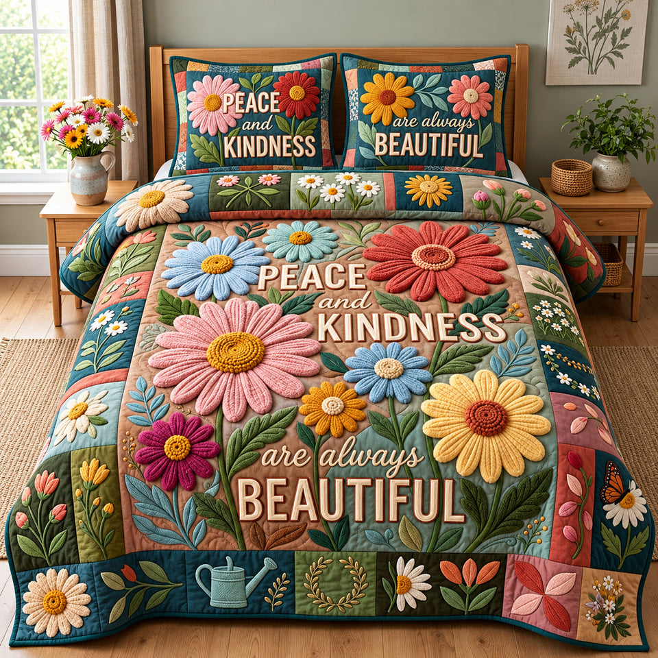 Peace And Kindness quilted bedding set, quilt and two pillow shams on a made bed