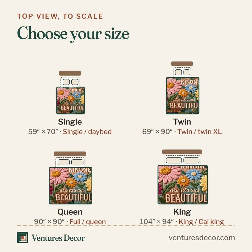 Size guide for the Peace And Kindness Quilt Set, 3-Piece Quilted Bedding with 2 Pillow Shams quilt, top view to scale: Single 59 x 70 in, Twin 69 x 90 in, Queen 90 x 90 in, King 104 x 94 in