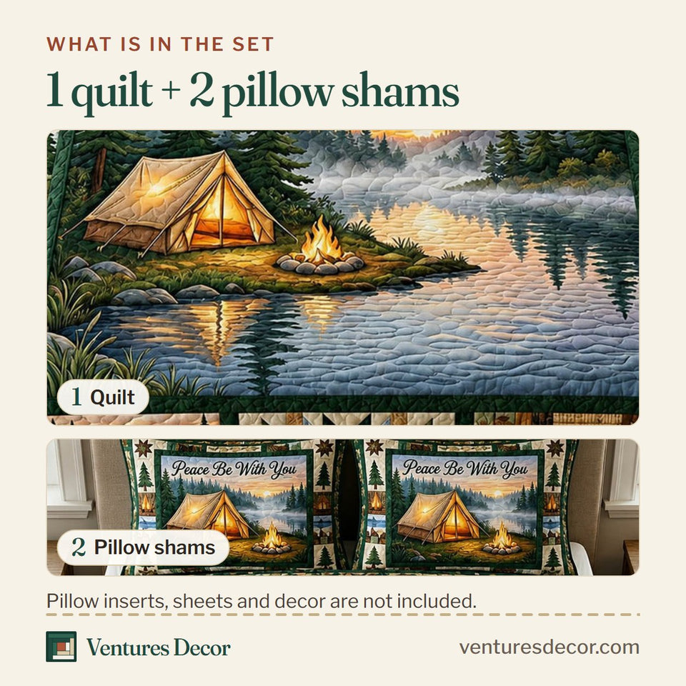 What is in the set: one quilt and two pillow shams, shown in the Peace Be With You Camp design