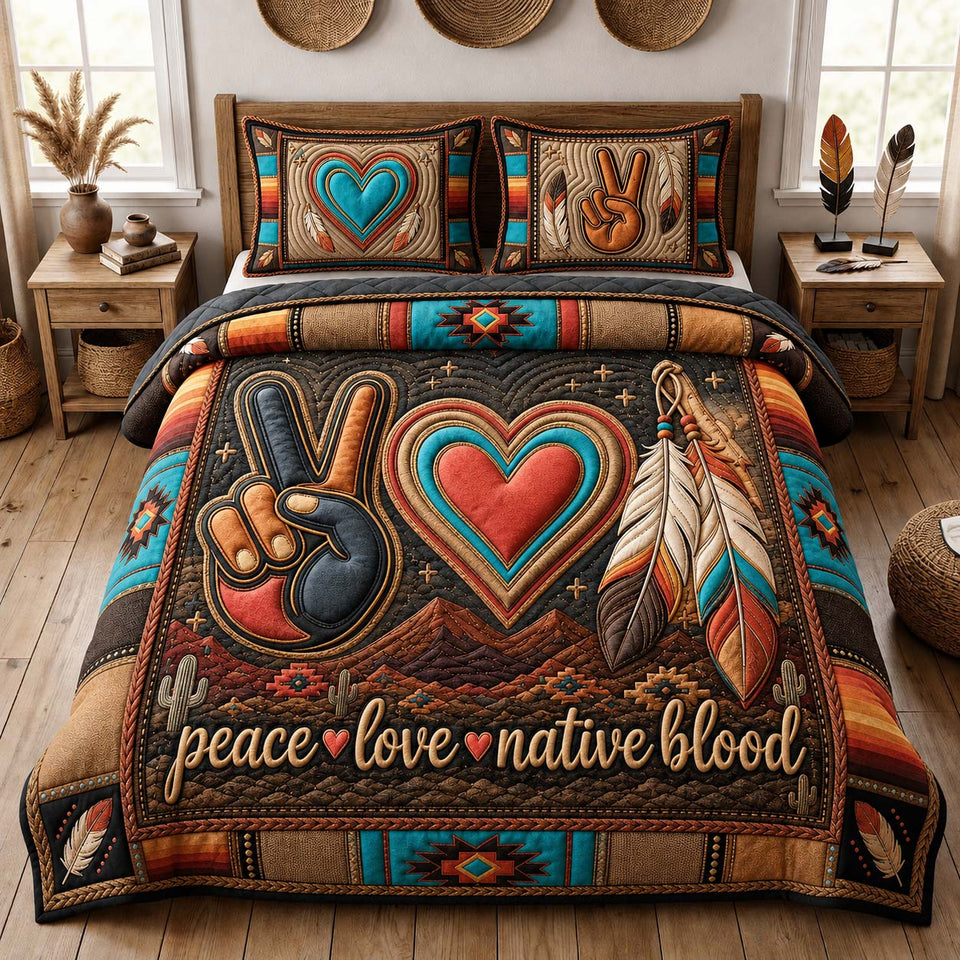 Peace Love Nature quilted bedding set, quilt and two pillow shams on a made bed