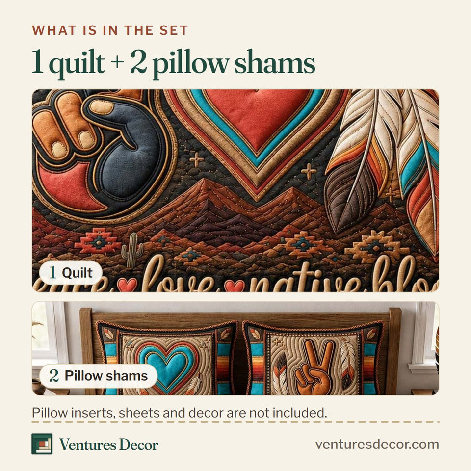 What is in the set: one quilt and two pillow shams, shown in the Peace Love Nature design