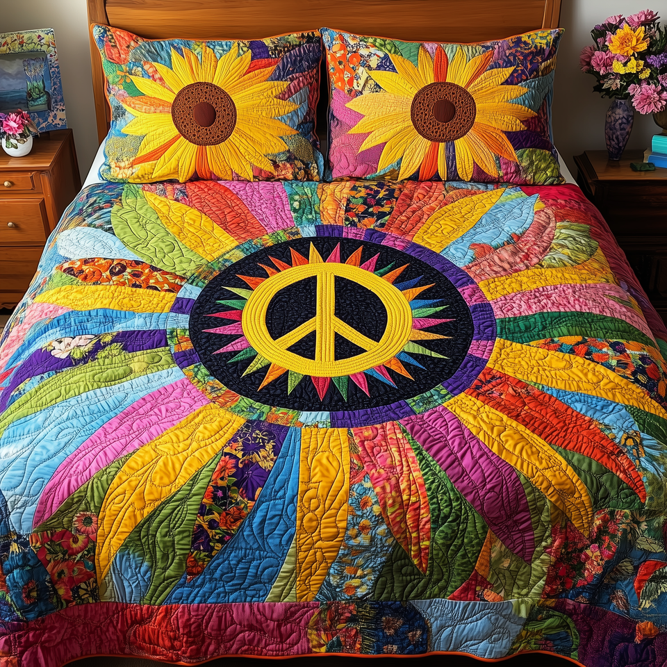 Peace Rays Flower Power quilted bedding set, quilt and two pillow shams on a made bed