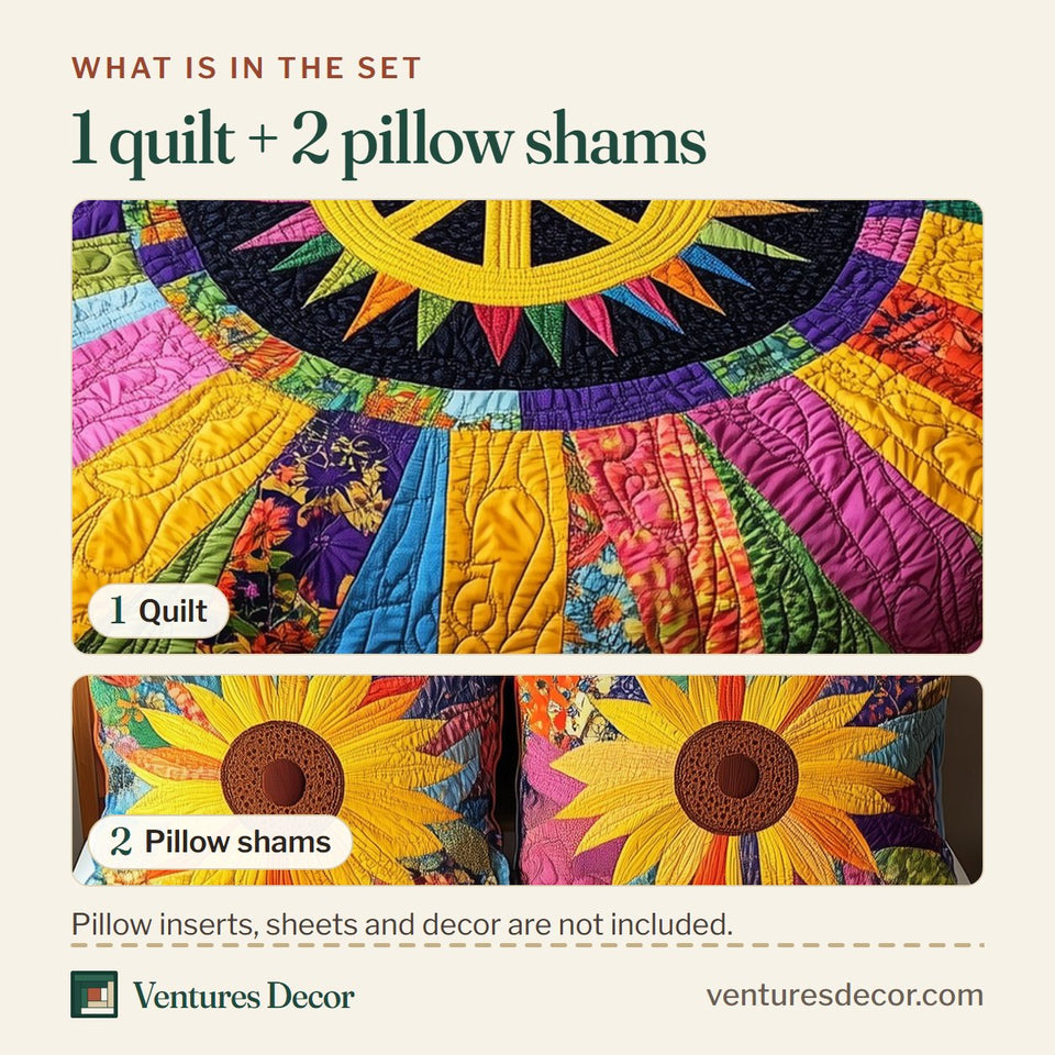 What is in the set: one quilt and two pillow shams, shown in the Peace Rays Flower Power design