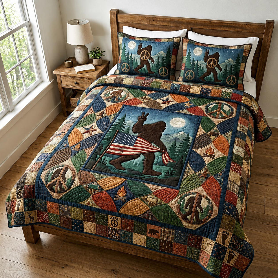 Peace Wander quilted bedding set, quilt and two pillow shams on a made bed