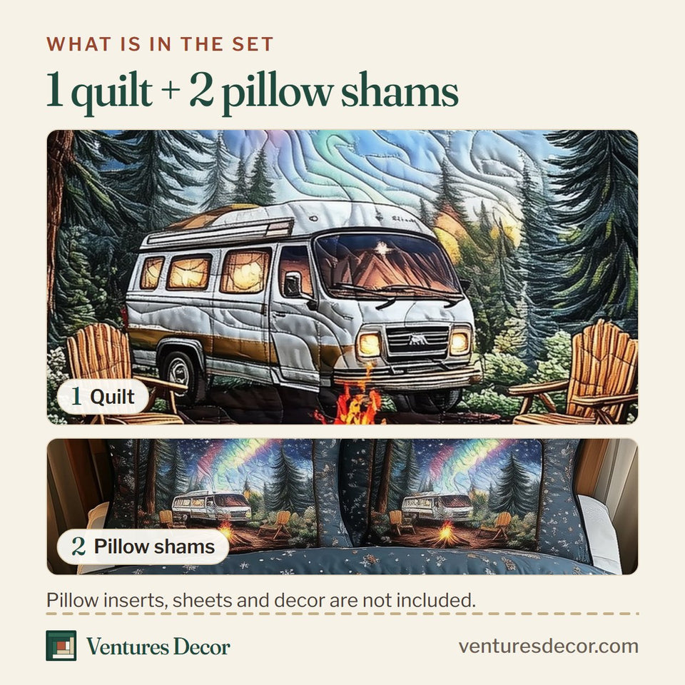 What is in the set: one quilt and two pillow shams, shown in the Peaceful Camping Aurora Van Firelight design
