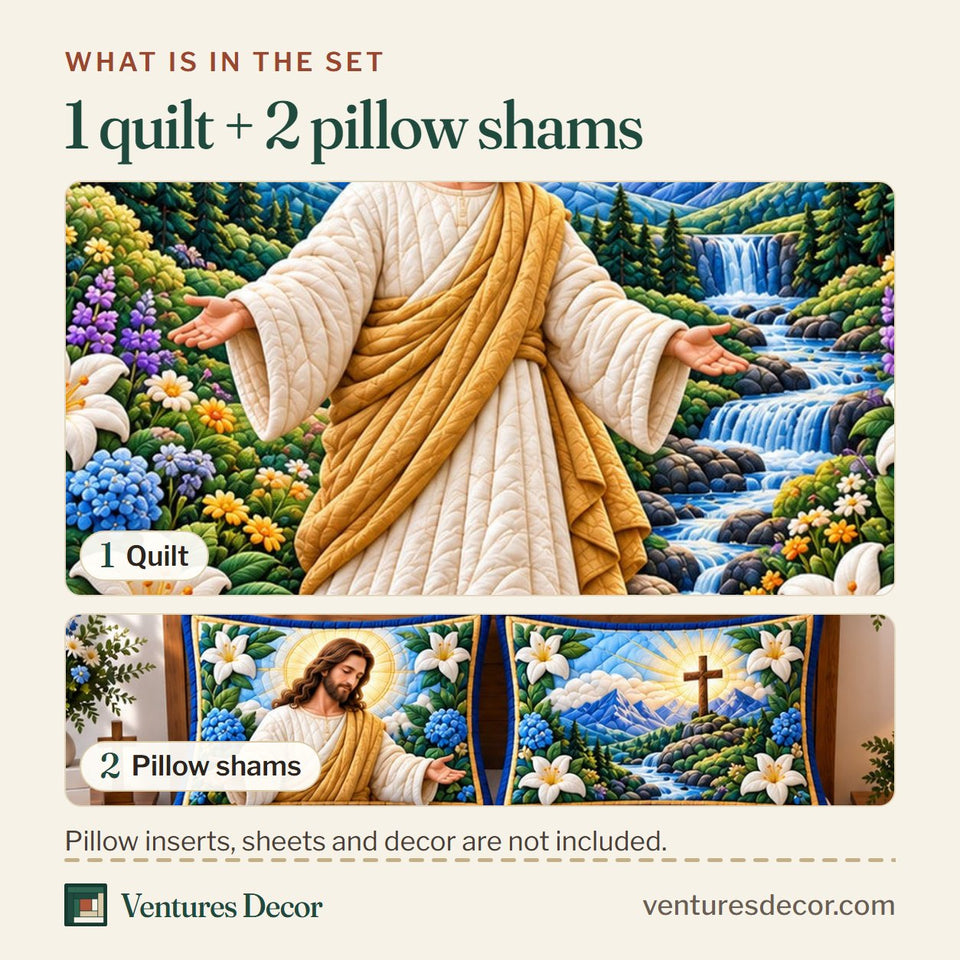 What is in the set: one quilt and two pillow shams, shown in the Peaceful Christian design