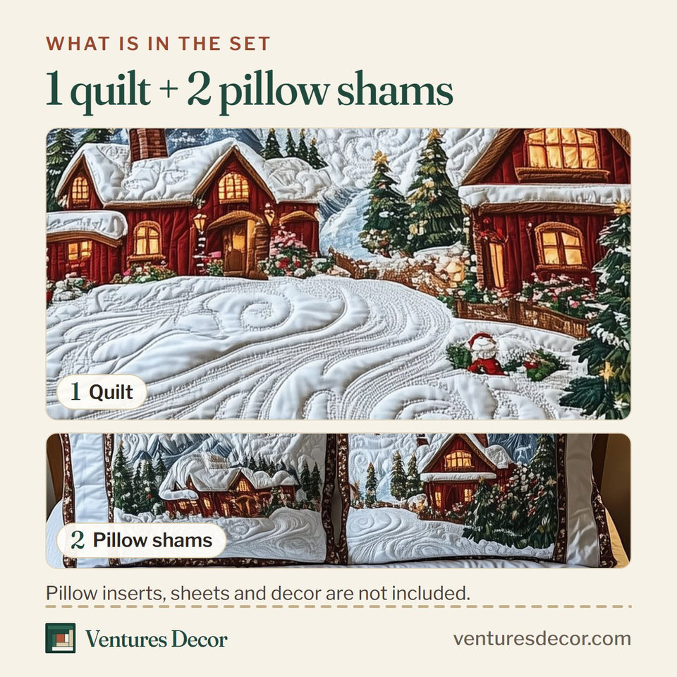 What is in the set: one quilt and two pillow shams, shown in the Peaceful Christmas Season Cabin on the Snowy Hill design