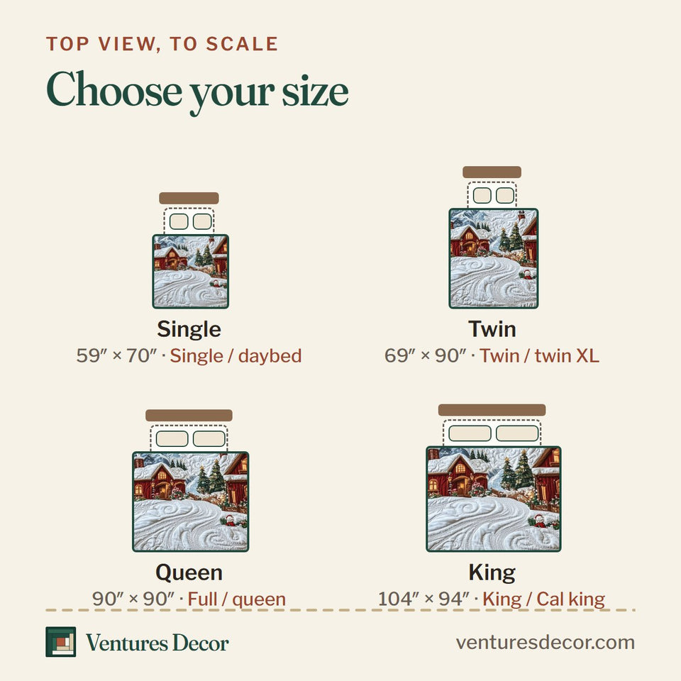 Size guide for the Peaceful Christmas Season Cabin on the Snowy Hill quilt, top view to scale: Single 59 x 70 in, Twin 69 x 90 in, Queen 90 x 90 in, King 104 x 94 in