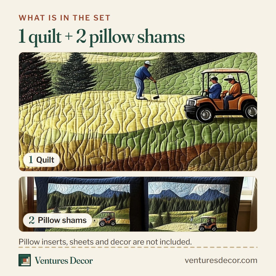 What is in the set: one quilt and two pillow shams, shown in the Peaceful Day By Par design