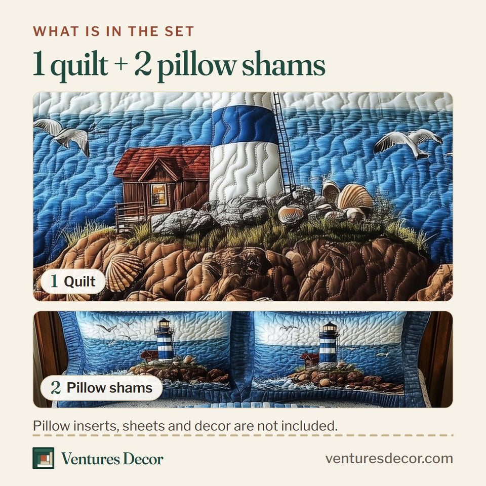 What is in the set: one quilt and two pillow shams, shown in the Peaceful Lighthouse Blue Stripe Point design