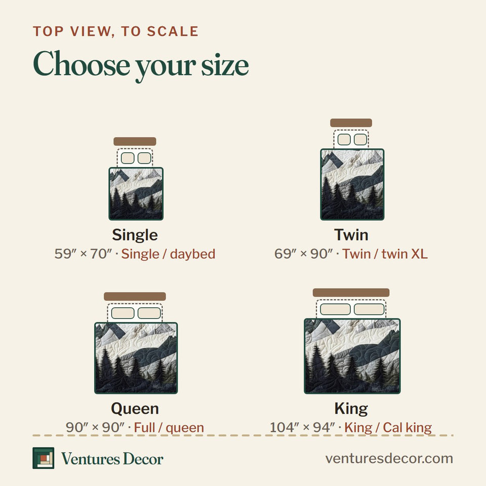 Size guide for the Peaceful Mountain Forest Snow Peak Grey quilt, top view to scale: Single 59 x 70 in, Twin 69 x 90 in, Queen 90 x 90 in, King 104 x 94 in