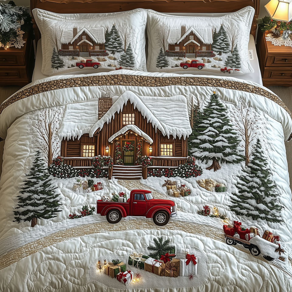 Peaceful Snow Cabin Red Truck Gifts quilted bedding set, quilt and two pillow shams on a made bed