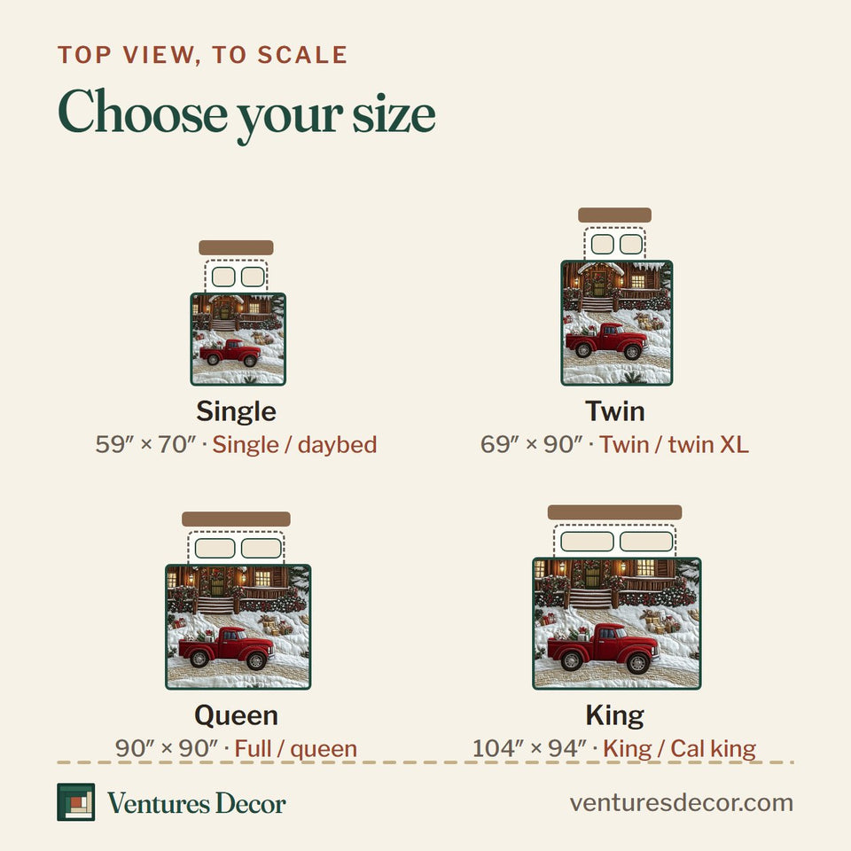 Size guide for the Peaceful Snow Cabin Red Truck Gifts quilt, top view to scale: Single 59 x 70 in, Twin 69 x 90 in, Queen 90 x 90 in, King 104 x 94 in