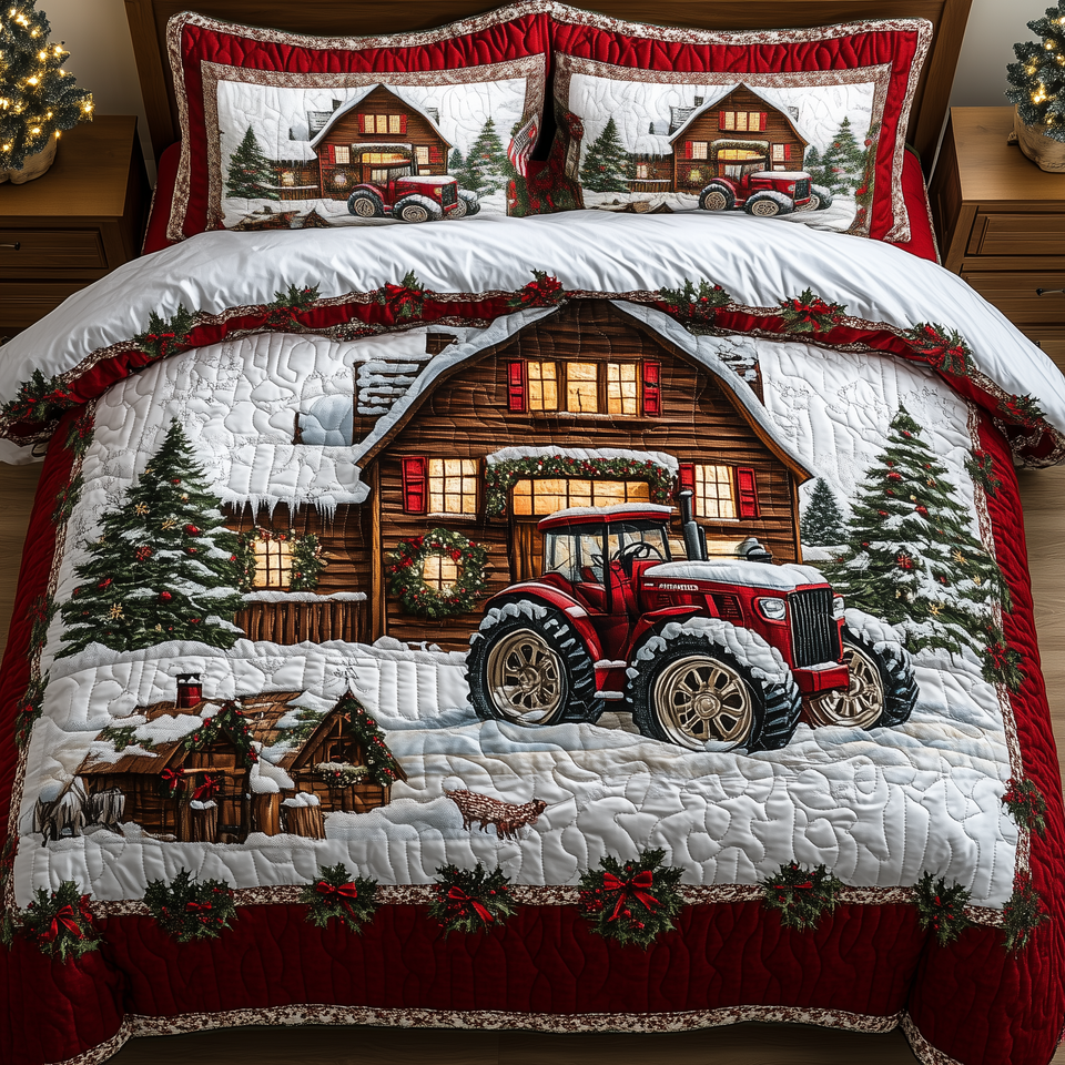 Peaceful Snowy Farmhouse Tractor Beside the Lit Cabin quilted bedding set, quilt and two pillow shams on a made bed
