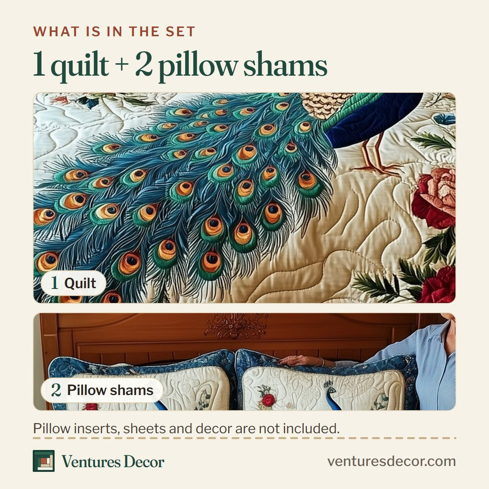 What is in the set: one quilt and two pillow shams, shown in the Peacock Rose Court design
