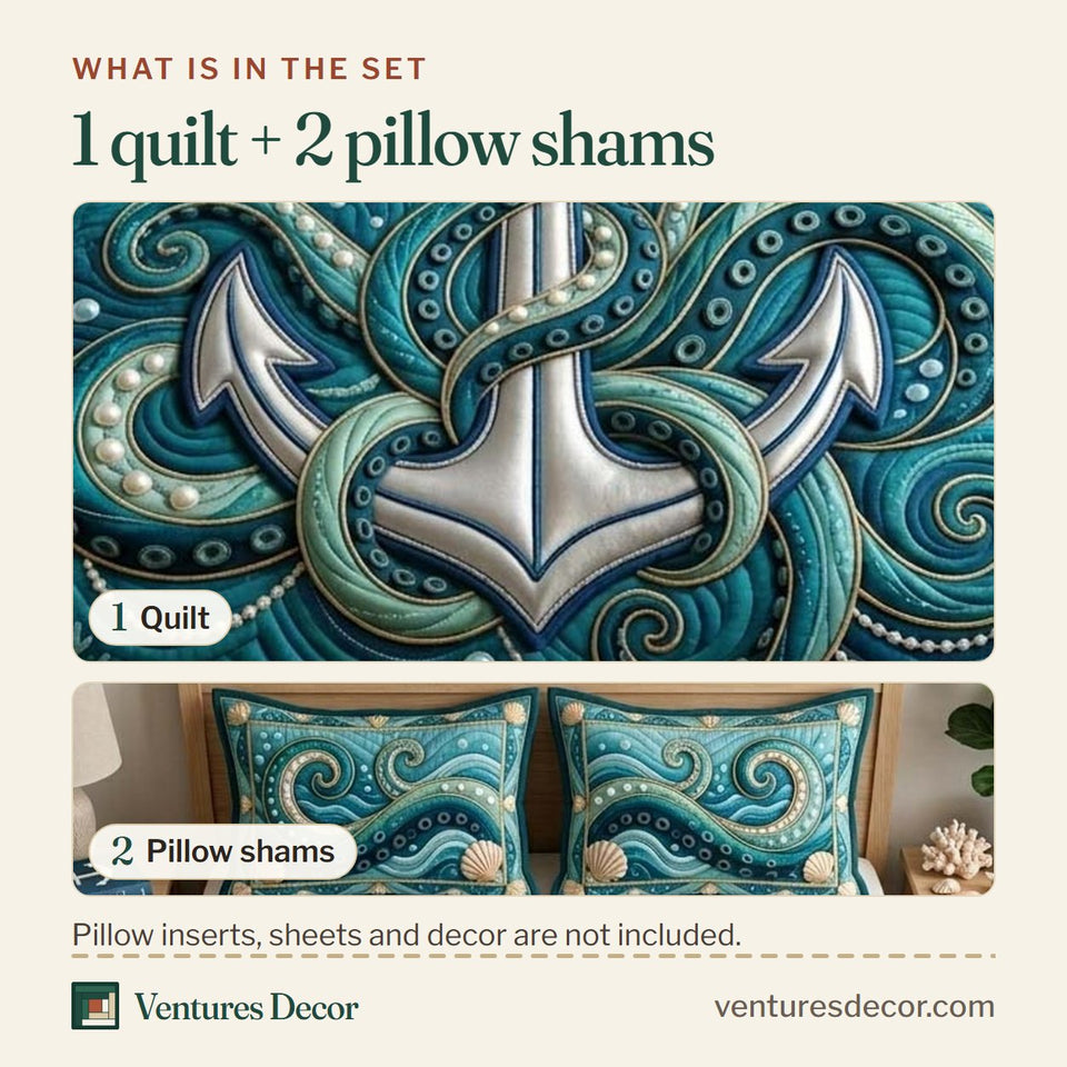 What is in the set: one quilt and two pillow shams, shown in the Pearl Anchor Tide design