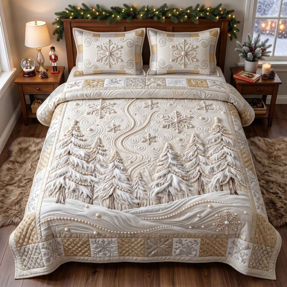 Pearl Forest Snowfall quilted bedding set, quilt and two pillow shams on a made bed