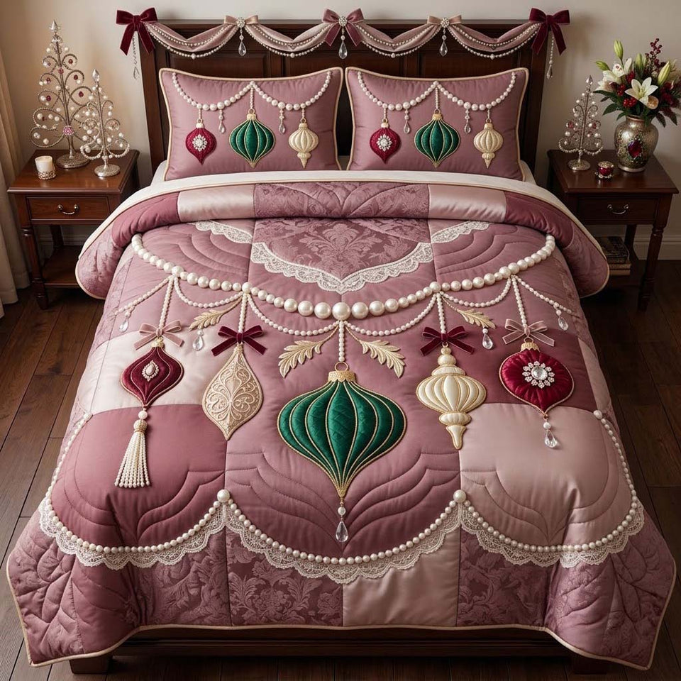 Pearl Lace Ornament Garland quilted bedding set, quilt and two pillow shams on a made bed