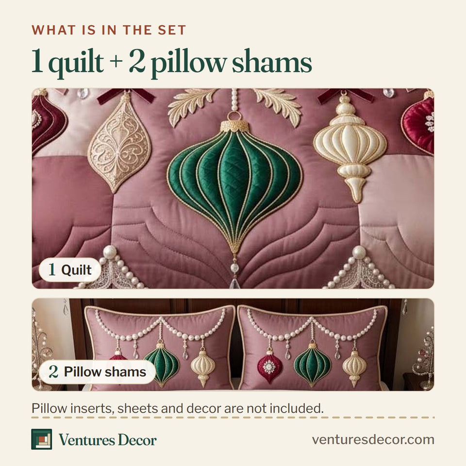 What is in the set: one quilt and two pillow shams, shown in the Pearl Lace Ornament Garland design