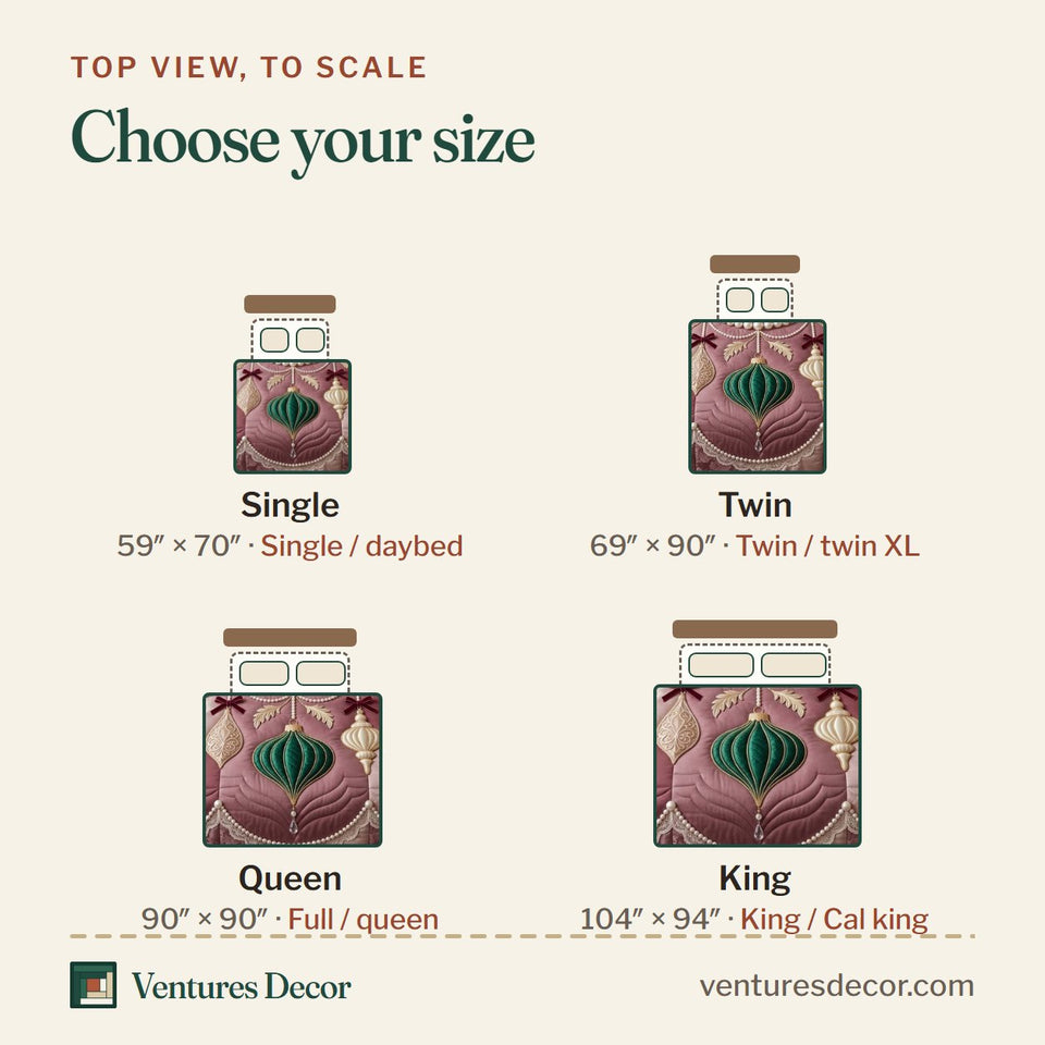 Size guide for the Pearl Lace Ornament Garland quilt, top view to scale: Single 59 x 70 in, Twin 69 x 90 in, Queen 90 x 90 in, King 104 x 94 in