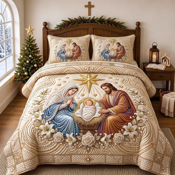 Pearl Manger Starlight quilted bedding set, quilt and two pillow shams on a made bed