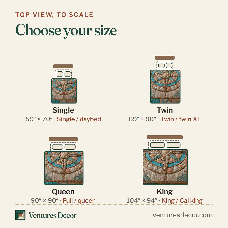 Size guide for the Pearl Seashell Compass quilt, top view to scale: Single 59 x 70 in, Twin 69 x 90 in, Queen 90 x 90 in, King 104 x 94 in
