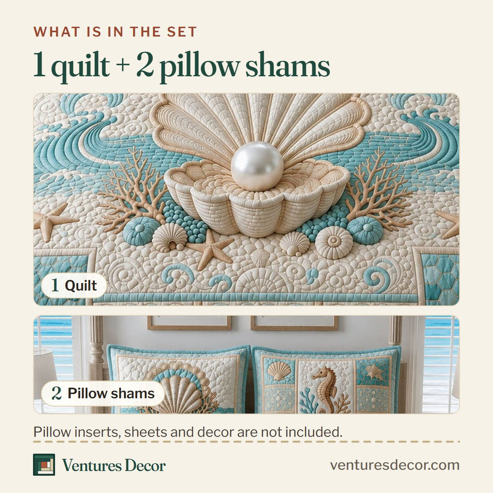 What is in the set: one quilt and two pillow shams, shown in the Pearl Seashell Ocean design