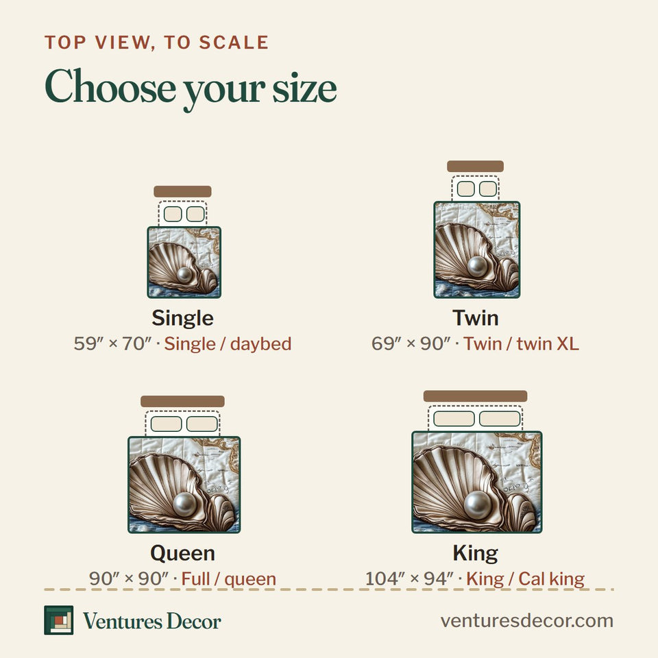 Size guide for the Pearl Shell Treasure Map quilt, top view to scale: Single 59 x 70 in, Twin 69 x 90 in, Queen 90 x 90 in, King 104 x 94 in