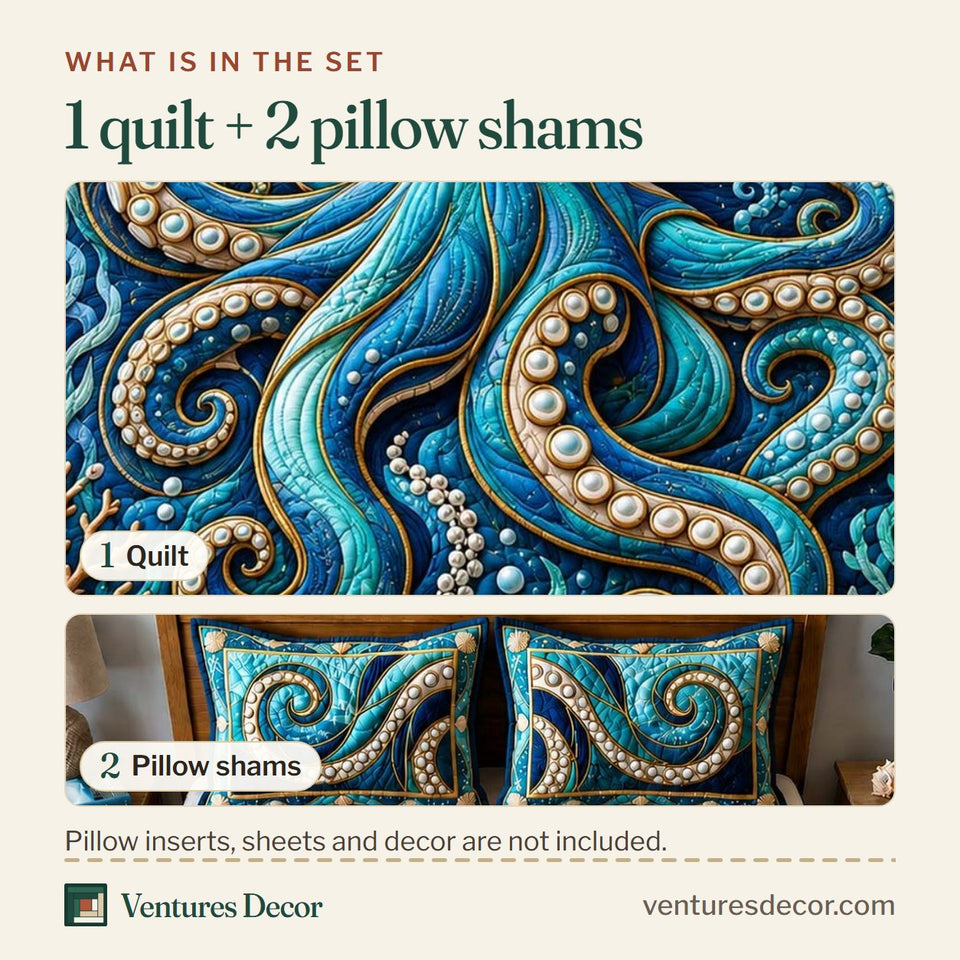 What is in the set: one quilt and two pillow shams, shown in the Pearl Tentacle Ocean design