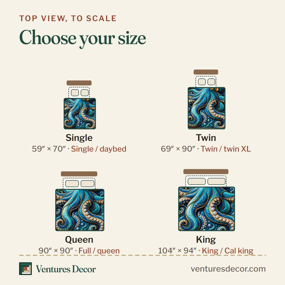 Size guide for the Pearl Tentacle Ocean quilt, top view to scale: Single 59 x 70 in, Twin 69 x 90 in, Queen 90 x 90 in, King 104 x 94 in
