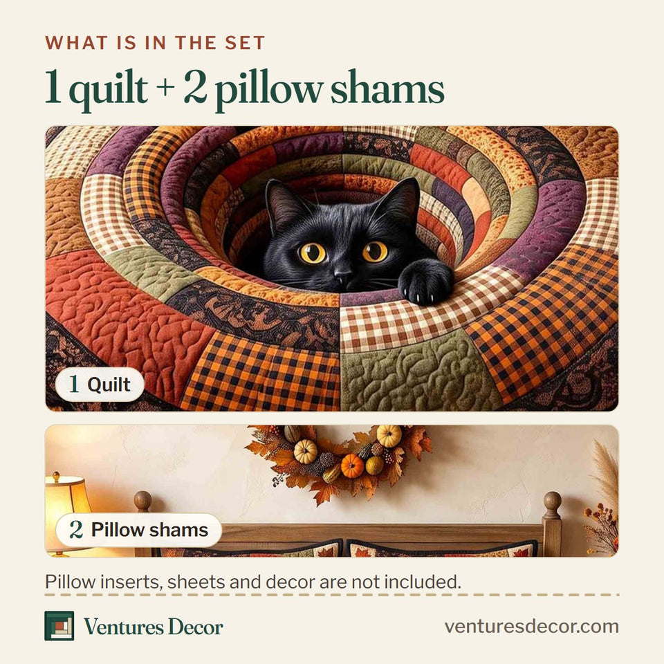 What is in the set: one quilt and two pillow shams, shown in the Peekaboo Ring Black Cat design